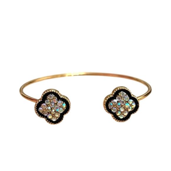 Elegant Double Clover Aurora Borealis Stones Black Edge Gold Tone Open Bangle - Picture 1 of 3